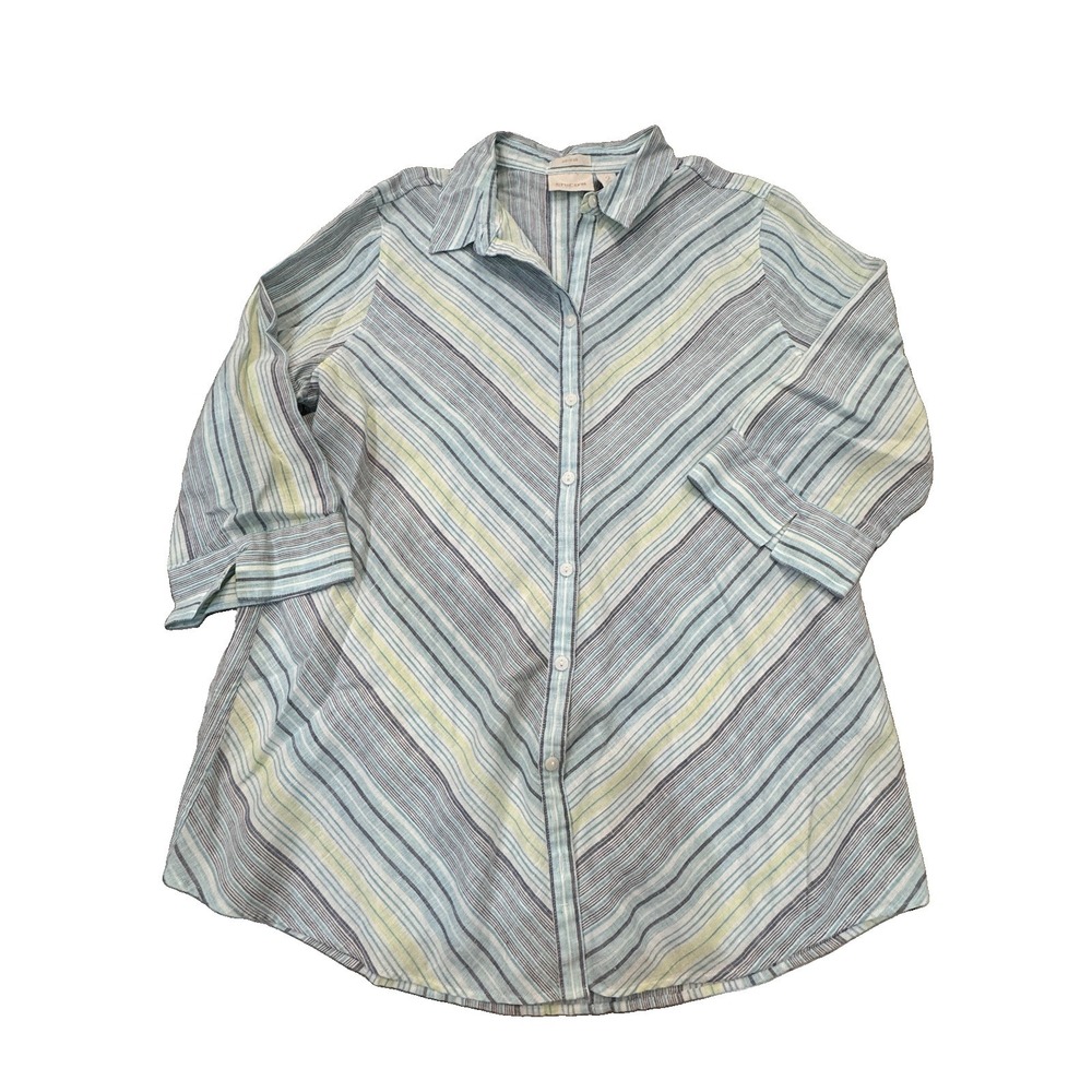 Chico's Sz 2 Medium 100% Linen Striped Tunic Blouse 3/4 Sleeve Button Down Coast
